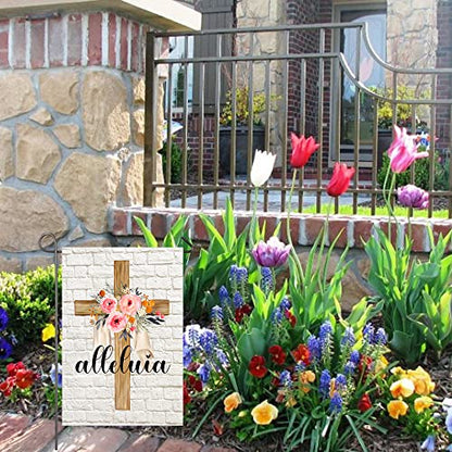 Easter Cross Garden Flag Alleluia He is Risen Religious Flags 12x18 Vertical Double Sided Spring Floral Cross Yard Flag Christian Holiday Yard Outdoor Decoration