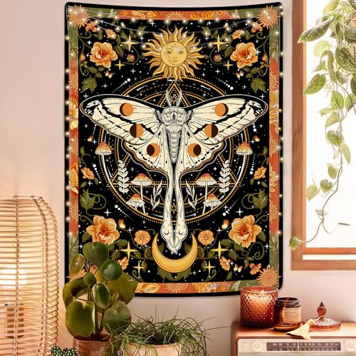 Aipon Orange Moth Tapestry Boho Retro Floral Flowers Tapestries Aesthetic Vintage Mushroom Tapestries Bedroom Indie Vertical Tapestry Wall Hanging for Living Room Dorm (60.00'' × 80.00'', Orange) - color: Orange, size: 80"L x 60"W