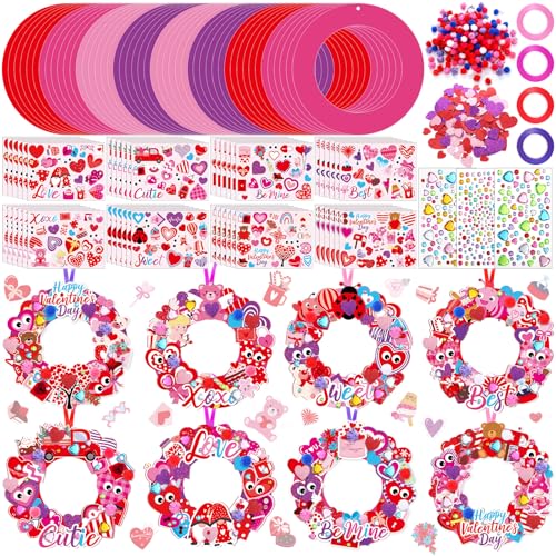 Hollowfly 48 Sets Valentine DIY Heart Wreath Craft Kits for Kids Activities - style: Happy Valentine‘s Day