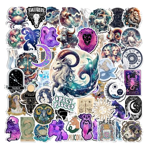 50 Pcs Zodiac Sticker Waterproof Vinyl Constellation Decals Astrology Stickers Water Bottle Notebook Phone Laptop Helmet Guitar Christmas Birthday Gifts for Coworkers Horoscope Lovers - color: Zodiac