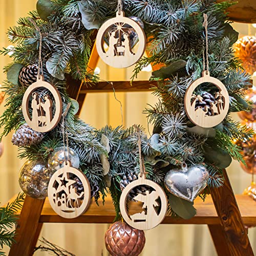 Spiareal 36 Pcs Christmas Nativity Ornaments Wooden Religious, Round - style: Round