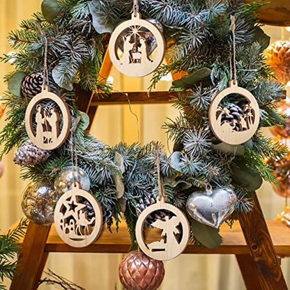 Spiareal 36 Pcs Christmas Nativity Ornaments Wooden Religious, Round - style: Round