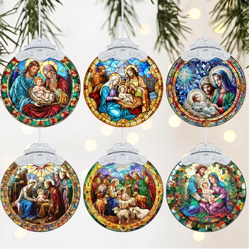 Thyle 12 Pack Nativity Ornaments for Christmas Tree Bulk Christian Nativity Scene Decorations 3" Religious Jesus Gifts for Women Men Window Tree Acrylic Hanging Decor (Retro Style) - style: Retro Style