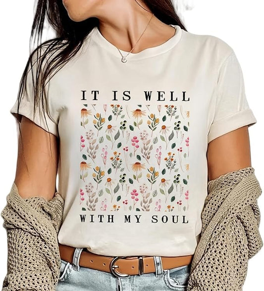 Christian Shirts for Women Vintage Bible Verse Boho Wildflowers Shirts Floral Graphic Jesus Tees - color: Sand-1, size: Small