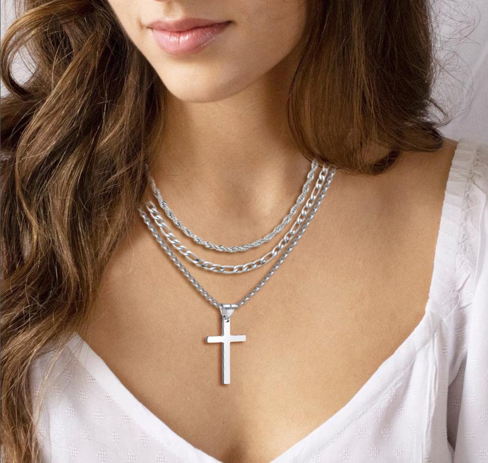 3Pcs Set Cross Necklace for Men, Mens Cross Necklace Cross Chain Layered Stainless Steel Rope Figaro Chains for Women Boys Gold Silver Black (20inch/22inch) - color: Silver