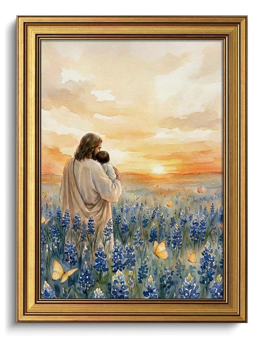 Jesus Wall Art Gold Framed Decor Holding a Baby Floral Religious Pictures - color: Gold Framed-05, size: 12x16in