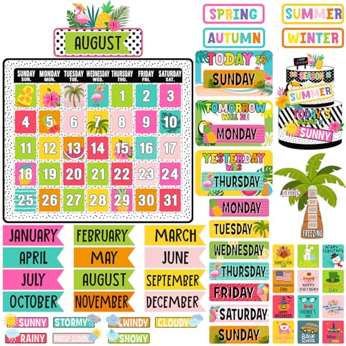 Cholemy 85 Pcs Calendar Bulletin Board Set Classroom Calendar Bulletin Board with Numbers Month Weather Classroom Decorations for Back to School Wall Chalkboard Decor Supplies(Tropical) - style: Tropical