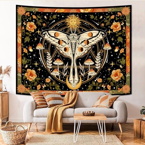 Aipon Orange Moth Tapestry Boho Retro Floral Flowers Tapestries Aesthetic Vintage Mushroom Tapestries for Bedroom Indie Sun Moon Tapestry Wall Hanging for Living Room Dorm (80'' × 60'') - color: Orange1, size: 80"L x 60"W