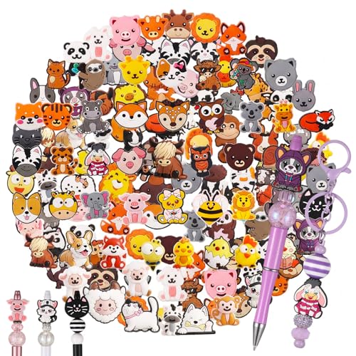 Tondiamo 60 pcs Animal Silicone Focal Beads for Pens Cute Cartoon Animal Theme Silicone Focal Bead for Beaded Pen Necklace Bracelet Charms Keychain Making Jewelry Making DIY Gifts - style: Animal