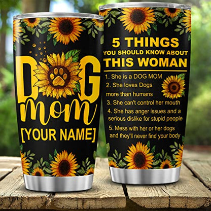 CUBICER Personalized Coffee Tumbler Sunflowers Customized Name Travel Mug Birthday Gifts For Mom Dog Lovers Stainless Steel Cup Insulated Tumblers Inspirational Quotes Mothers Day - color: Sunflowers And Dog Mom
