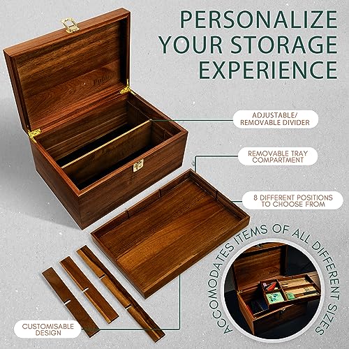 Public House Locking Wooden Keepsake Box, Customizable Design With Adjustable Tray. Large Wooden Box with Hinged Lid for Wedding and Memory Keepsakes - color: Walnut