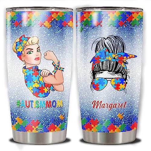 WAZONE Personalized Autism Mom Tumbler Cup From Daughters Sons For Mommy Mother Mama Customized Name With Lids 20 30 Oz Presents Idea Birthday Christmas Mothers Day - color: Autism