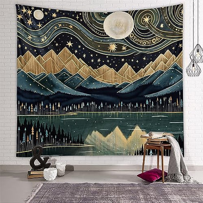Tapzen Mountain Forest Boho Landscape Moon Stars Tapestry for Bedroom & Living Room (60 x 40 inches) - size: 60"L x 40"W
