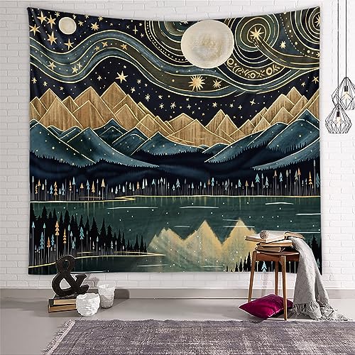 Tapzen Mountain Forest Tapestry - Boho Landscape Moon Stars Wall Hanging for Bedroom, Living Room, Classroom, Dorm (60 x 50 inches) - size: 60"L x 50"W