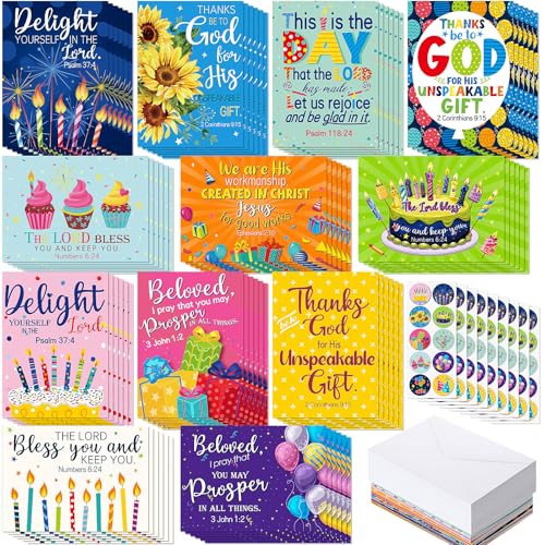 Motiskyy 120 Pack Religious Christian Birthday Cards Bulk with Scripture Bible Verse 4.5 x 6.2 Inch Assorted Christian Blessings Greeting Cards for Birthday with Envelopes and Stickers(Classic Style) - style: Traditional