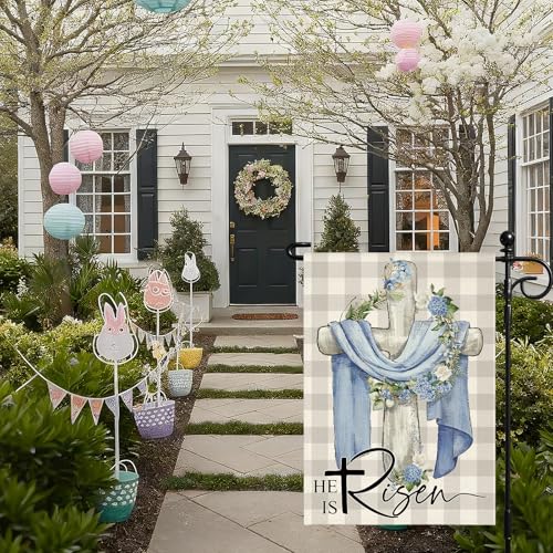 Artscope He Is Risen Easter Garden Flag 12x18 Inch Double Sided for Outside, Christian Cross Wreath Sign Garden Flag for Holiday Yard Outdoor Decoration
