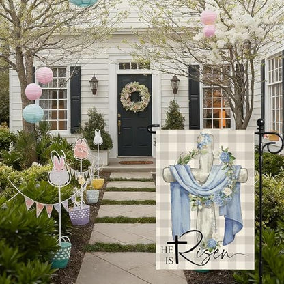 Artscope He Is Risen Easter Garden Flag 12x18 Inch Double Sided for Outside, Christian Cross Wreath Sign Garden Flag for Holiday Yard Outdoor Decoration