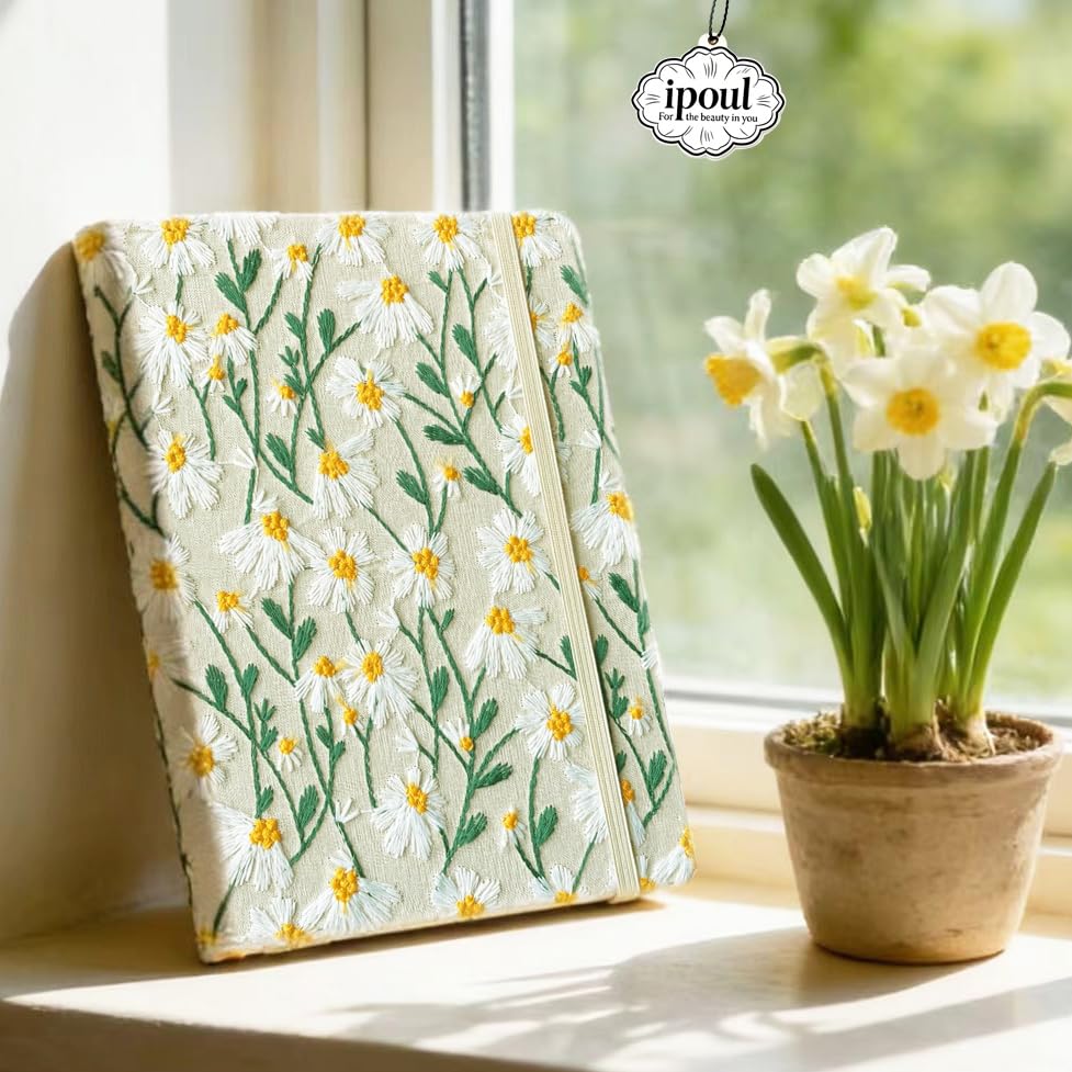 Daisy Gifts, Embroidered Journal, Floral Notebook, A5, 8"x6", Lined, Wide Ruled Paper, Hardcover, Lay Flat, Pretty Journal for Women, Personal Journal, White Daisy Flowers, with Elastic Band - color: A5-Ruled-White Daisy