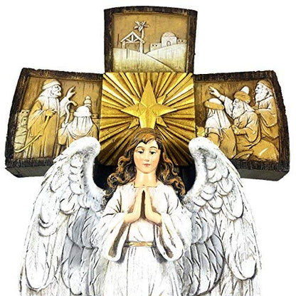 Christian Brands Beautiful Christmas 14" H Tabletop Nativity Cross. One Piece Nativity Set with Figures of The Holy Family and and Holy Spirit Angel and Detailed Carvings of Three Kings, Shepherds