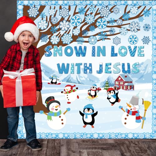 Winter Bulletin Board Decoration Set with Background Paper & Borders Cutouts for Christian Sunday School Classroom Church Decor Christmas Snow in Love with Jesus Bulletin Board Craft Home Wall(Winter) - style: Snow in Love with Jesus