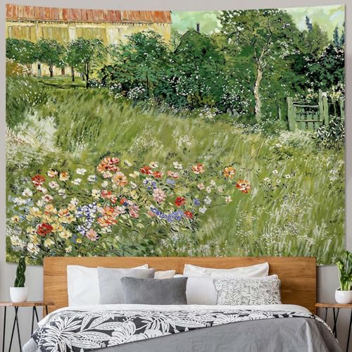 Haibimen Monet Tapestry Impressionist Art Landscape Tapestry for Bedroom Vintage Green Floral Garden Tapestries Wall Hanging for Living Room, Bedroom, Dorm (Green 2, 60''×44'') - color: green, size: 60"L x 44"W