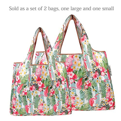 allydrew Large Foldable Tote Nylon Reusable Grocery Bags - color: Set of 2, Flamingos & Tropical Flowers, size: Large & Small (Set of 2)