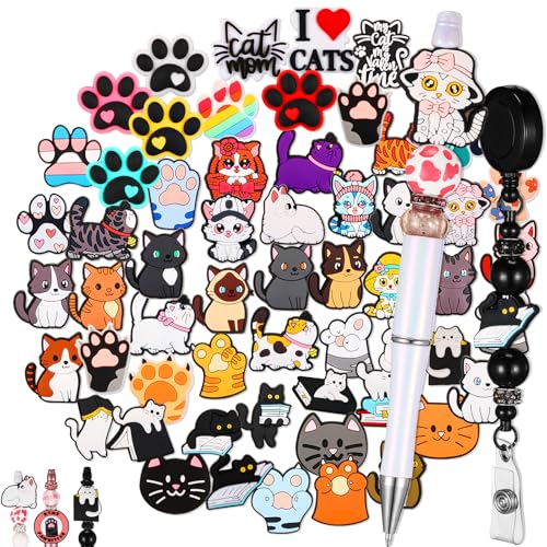 Tondiamo 60 Pcs Cat Silicone Focal Beads Assorted for Pens Bulk Cartoon Animal Theme Colorful Focal Bead for Beaded Pen Necklace Bracelet Charms Keychain Making Jewelry Making DIY Gifts(Cat) - style: Cat