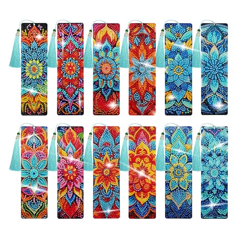 12 Pcs DIY Mandala Diamond Art Bookmarks for Adults Women Beginners Acrylic Dotz Kit 5d Floral Rhinestone Diamond Painting Bookmarks Diamond Art Book Marks with Tassels Crafts Supply - style: Mandala 12 Pcs