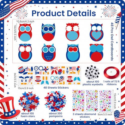 Funrous 48 Sets Patriotic Owl Crafts Bulk 4th of July Paper Crafts DIY - style: Patriotic Owl