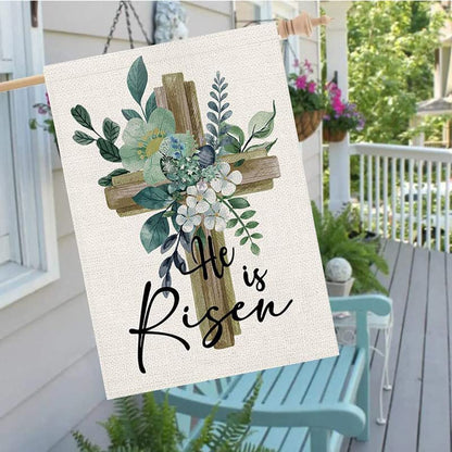 He Is Risen House Flag 28 x 40 Inch Happy Easter Cross Religious Decorative Double Sided Burlap Flag for Spring Easter Farmhouse Yard Holiday Decoration