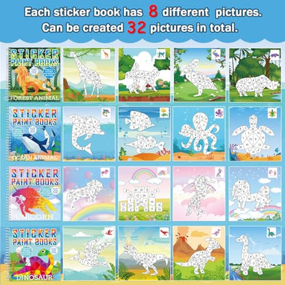 4 Pcs Paint by Sticker Books Sticker by Number Books Activity Book Puzzle Book Craft Art Gift with Dinosaur Unicorn Ocean Animal 32 Pictures - style: Animal
