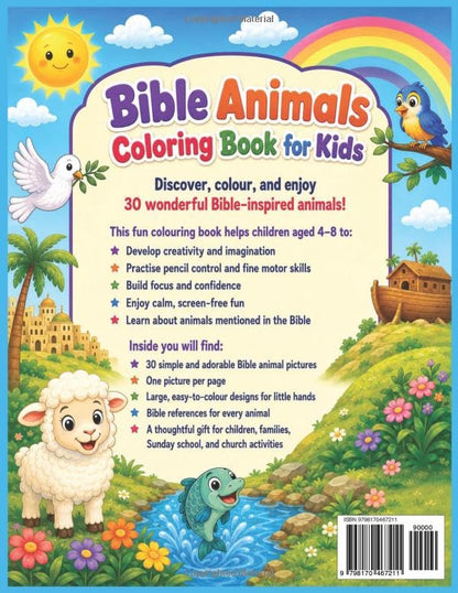 Bible Animals Coloring Book for Kids: 30 Simple Bible Coloring Pages for Kids Ages 4-8