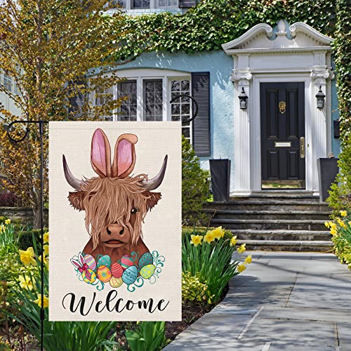 Louise Maelys Happy Easter Garden Flag 12x18 Double Sided Burlap, Small Vertical Highland Cow Welcome Yard for Spring Outdoor Outside Decoration