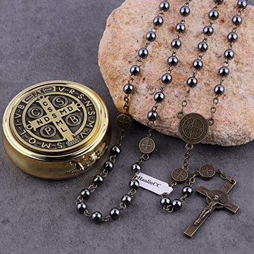 HanlinCC Catholic Rosary St.Benedict Hematite Necklace with Gold Plated Box