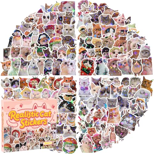 200 PCS Holographic Cat Stickers Pack, Kawaii Cat Meme Stickers Funny Kitten Sticker for Water Bottles Laptop Luggage Suitcase, DIY Waterproof Vinyl Decals Gifts for Adults - style: 200 PCS Holographic Cat Meme Stickers - With Gifts Box