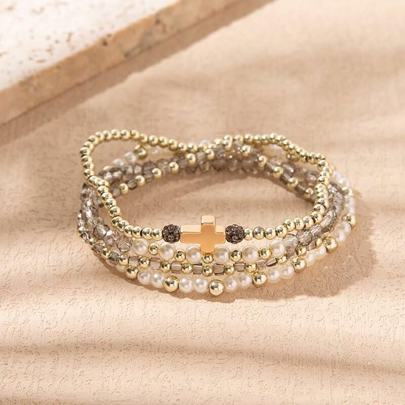 Colorful Cross Charm Bracelets for Women Men Adjustable Gold Plated Beaded Bracelet Boho Bead Ball Stretch Bracelet Birthday Summer Beach Jewelry - color: Grey