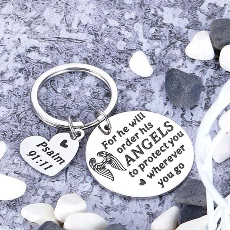 Religious Angel Wings Keychains Psalm 91:11 Bible Verse Keyring Inspirational Gifts for Family Bags Car Keys Charms