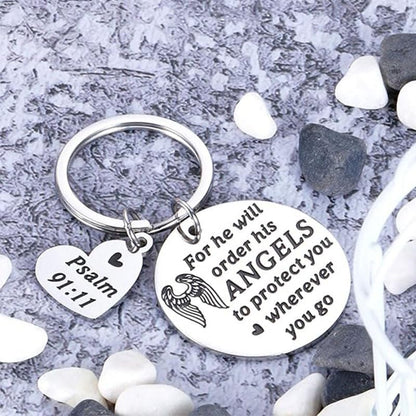Religious Angel Wings Keychains Psalm 91:11 Bible Verse Keyring Inspirational Gifts for Family Bags Car Keys Charms