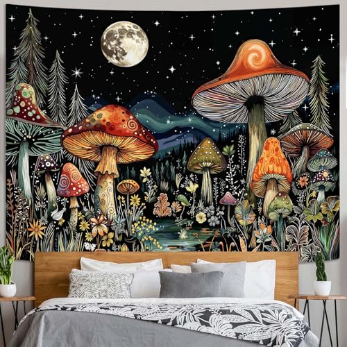Fungarth Vintage Mushroom Forest Tapestry Moon Night Floral Tapestries Wall Hanging Nature Plant Large Tapestry for Bedroom Living Room Study Classroom Dorm 80 x 60 inch - color: Retro Yellow, size: 80"L x 60"W