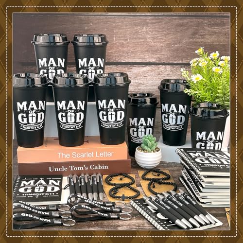 12 Sets/ 72 Pcs Christian Gifts for Men Bulk Man of God Theme Christmas Religious Gift for Church Group Includes 16oz Plastic Coffee Cup Notebooks Pens Keychains Bracelets Bags (Man of God) - color: Man of God