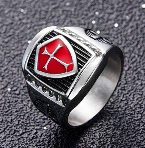 Men's Stainless Steel Knight Ring Templar Ring Biker Crusader Cross Masonic Red Size 7 - size: 7