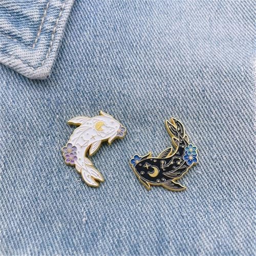2Pcs coadipress Lovely Fish Brooch Enamel Lapel Brooches Pin Set Cute Cartoon Koi Fish Pins for DIY Backpacks Clothes Bags Jackets Hat Jewelry Accessories Gift - color: Flower Black White