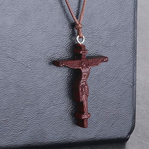 COTTVOTT Wood Orthodox Cross Pendant Necklace Christian Crucifix Necklace Prayer Jesus for Women Men - style: G-Red Color