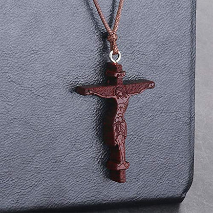 COTTVOTT Wood Orthodox Cross Pendant Necklace Christian Crucifix Necklace Prayer Jesus for Women Men - style: G-Red Color