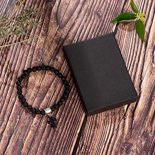 Softones 6mm Bead Cross Pendant Bracelet for Women Healing Stone Stretch Prayer Bracelet for Women,with Gift Box - color: Lava