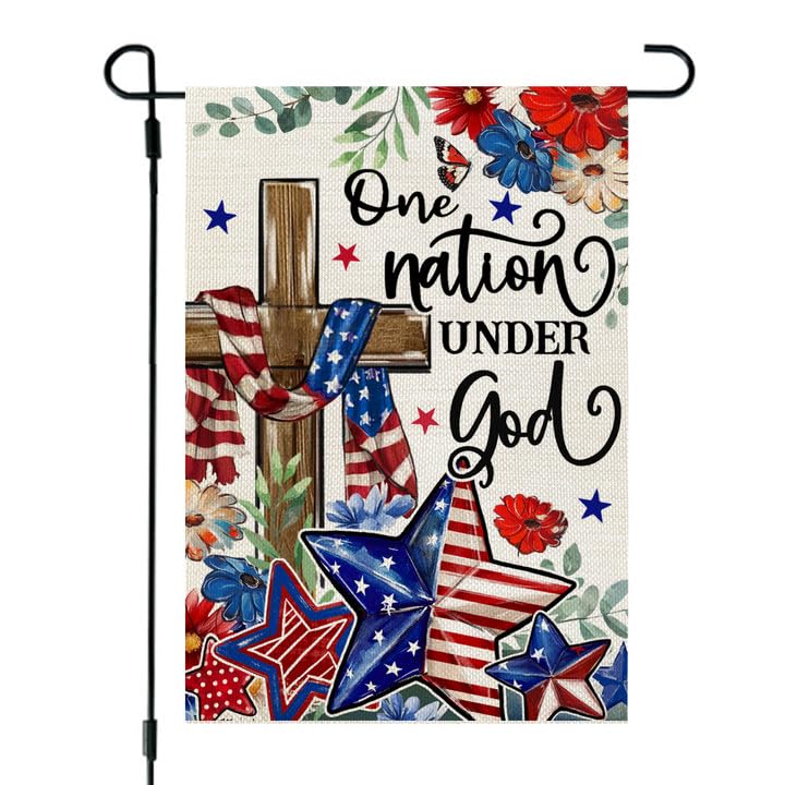 CROWNED BEAUTY 4th of July Garden Flag Patriotic Cross Double Sided 12x18 Inches Small Burlap Holiday Welcome Yard Porch Decoration for Outside CF1829-12