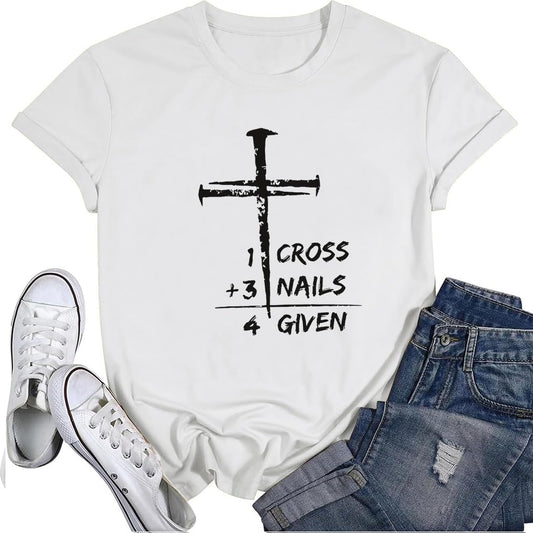 Modern Christian Faith Minimalist Religious Jesus Christ Three Nails Cross Women’s Crewneck T-Shirt Top US Size - color: White, size: Small