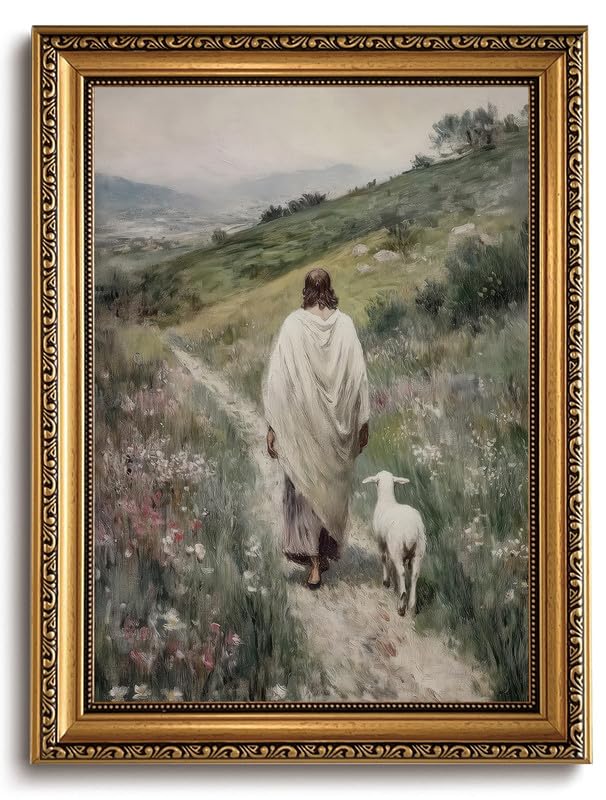 Gold Framed Jesus Shepherd Wall Art Jesus Leaves the 99 Sheep 12x16in - color: Gold Framed-06, size: 16"L x 12"W