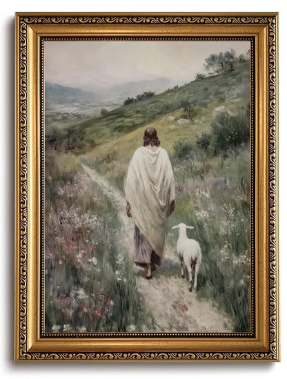 Gold Framed Jesus Shepherd Wall Art Jesus Leaves the 99 Sheep 12x16in - color: Gold Framed-06, size: 16"L x 12"W