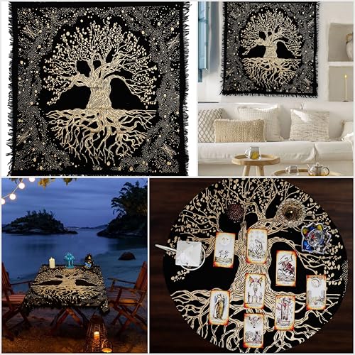 Indian Consigners Tree of Life Altar Cloth Tapestry Tablecloth Celtic Trees Ritual Spiritual Cloth for Sacred Places, Cotton Square Tarot Table Cover 18 by 18 Sacred - color: Golden Trunk Tree, size: 18" x 18" (Square)